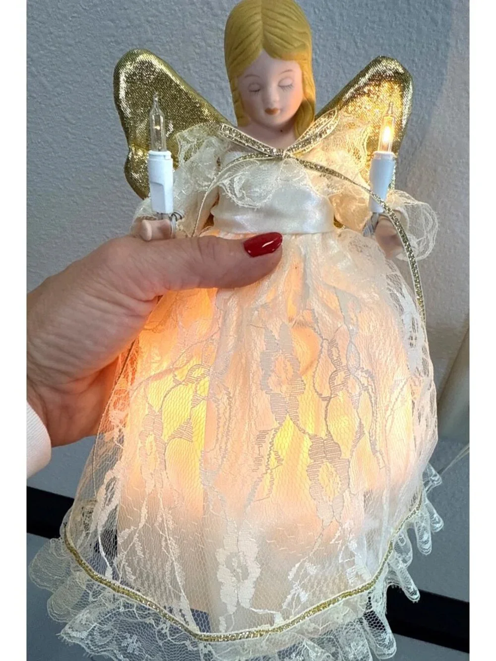 Lighted Porcelain Angel Christmas Tree Topper Cream with Gold Wings 9.5